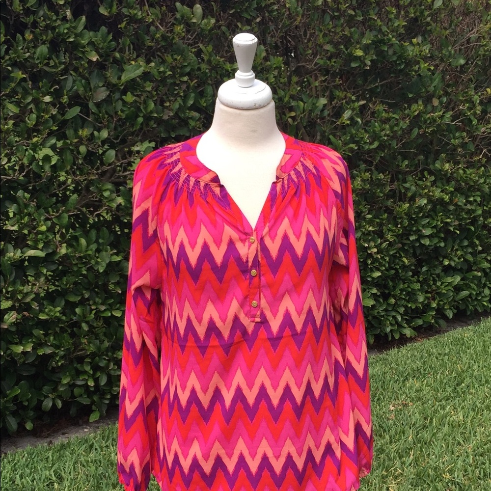 Macbeth Chevron Print Long Sleeve Top Gold Buttons
